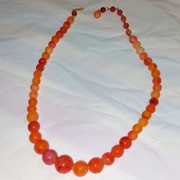 Vintage Jewelry - Vintage Orange Marbled Beaded Necklace